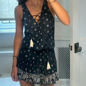 Navy Blue Summer Dress with White Floral Accents and Tassels